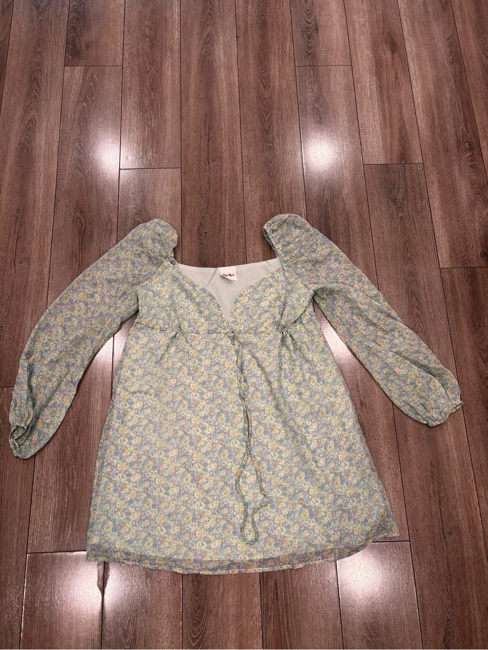 Floral Tie-Front Mini Dress in Sage and Yellow - Unknown Brand
